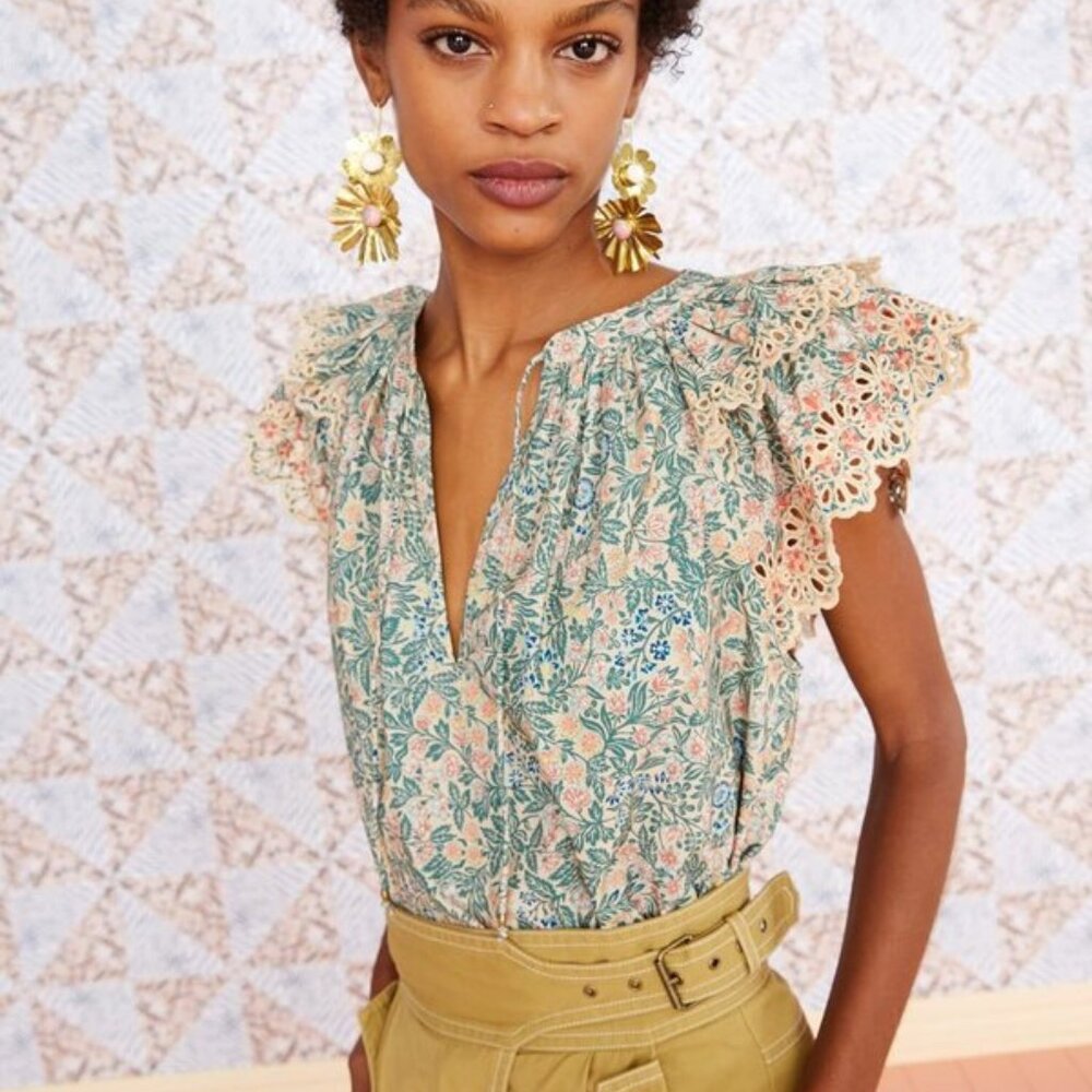 Ulla Johnson Elm Cotton Eyelet Embroidered Floral Ruffle Sleeve Top Size 0